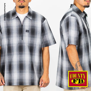 FB County Men's 1/2 Zip 2 Pockets Checker Short Sleeve Flannel Shirts